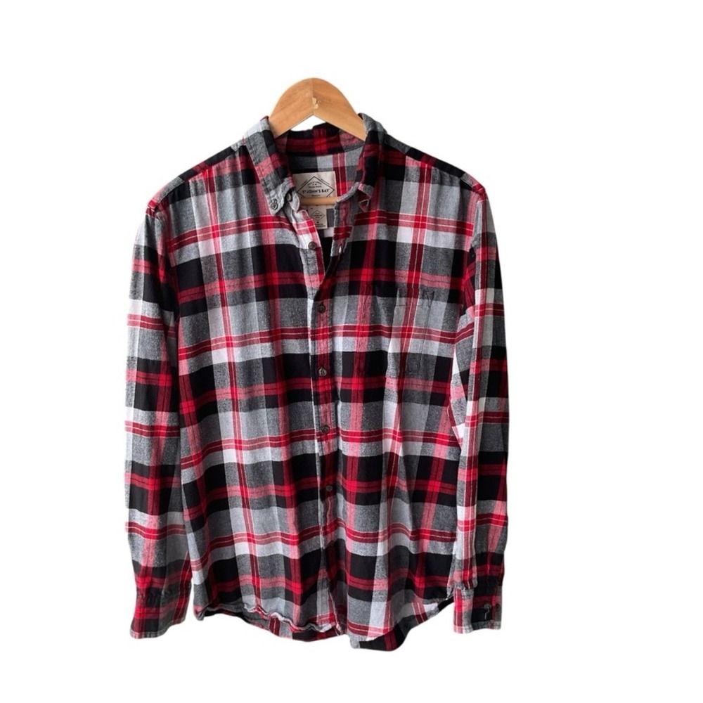 St Johns Bay Top Sweater Red Black Plaid Flannel Shirt Long Sleeve Button Down M